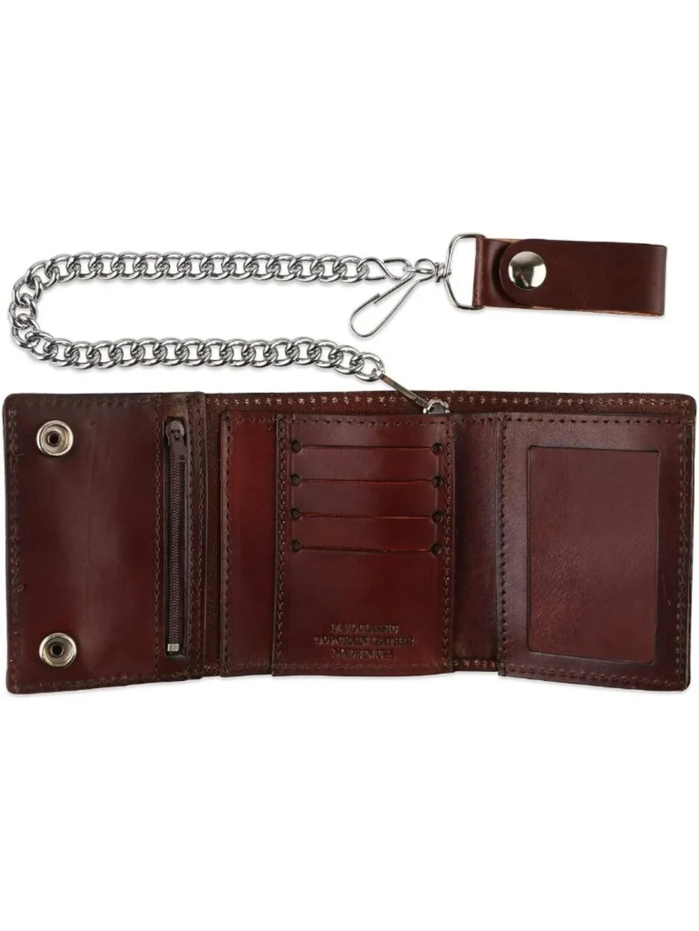 Vintage Biker Tri-fold Leather Wallet with RFID Blocking & Steel Chain, Brown